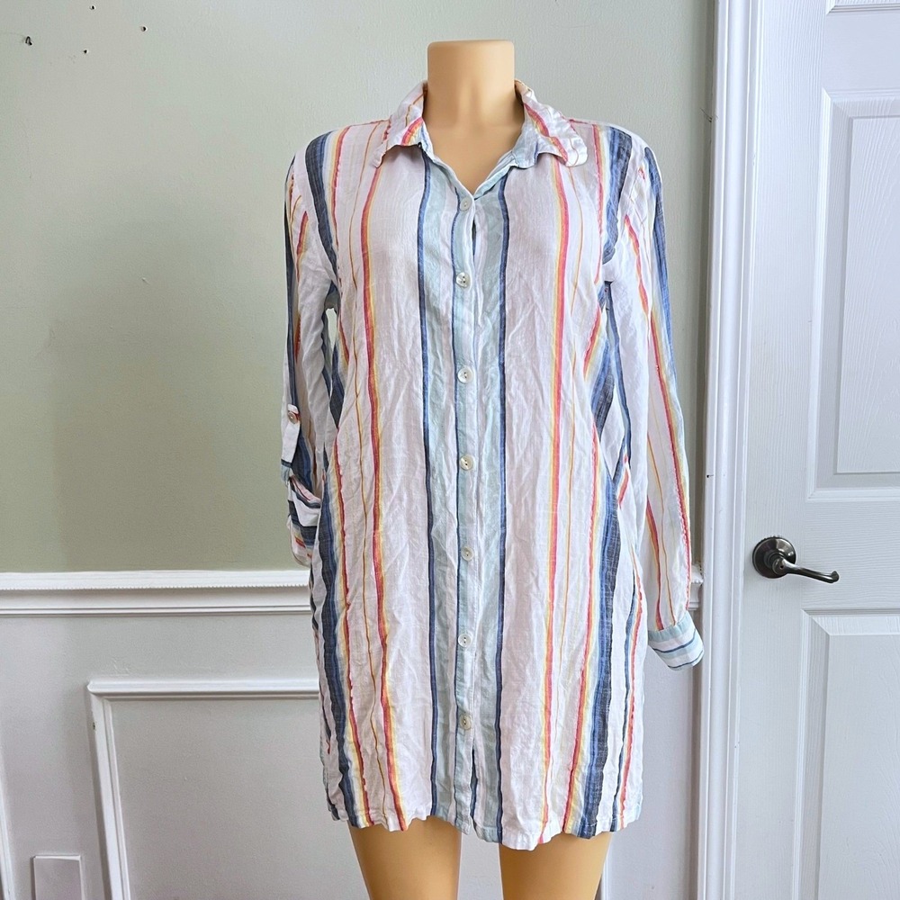 Blue Island Button Front Tunic Womens Medium Striped Rayon White Coastal Beachy